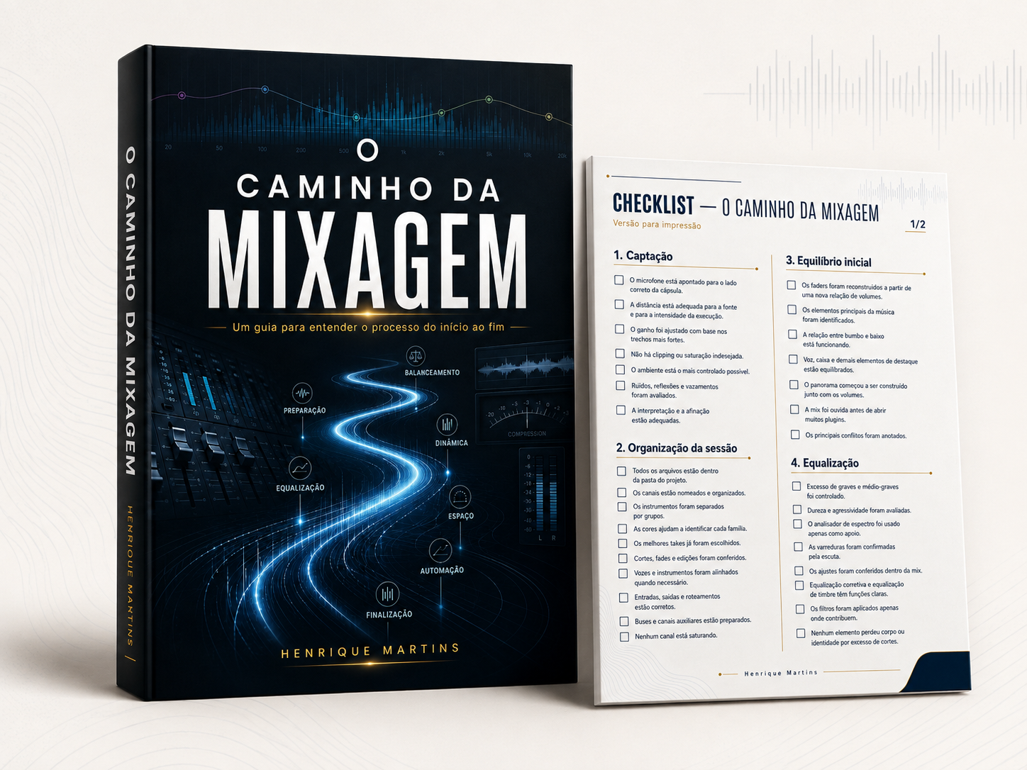 Mockup do e-book e checklist O Caminho da Mixagem