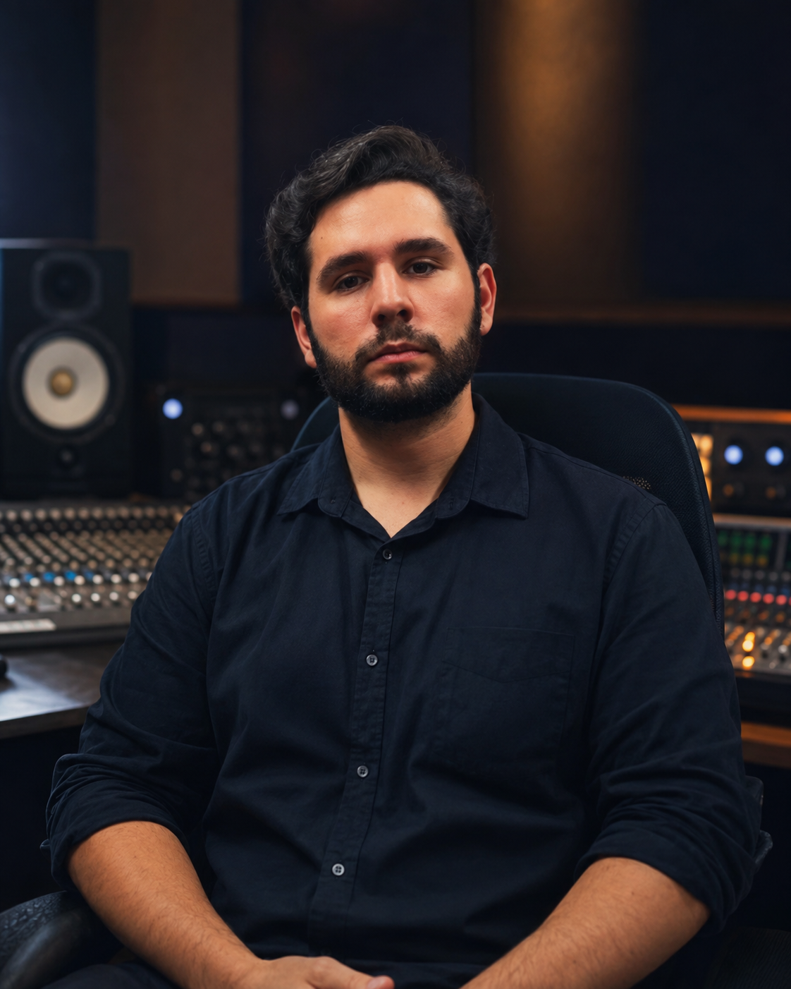 Henrique Martins no estúdio, sentado em frente à console de mixagem